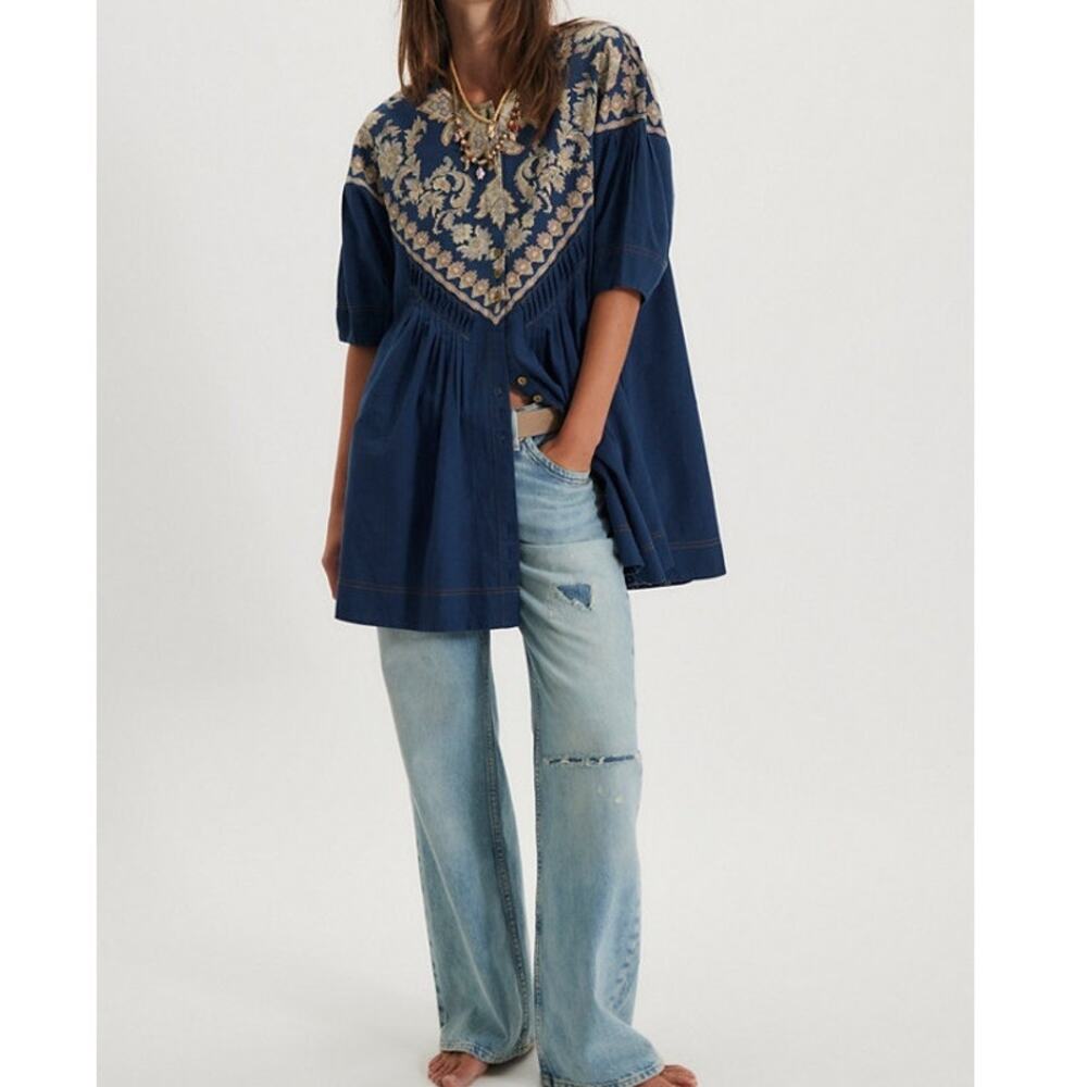 NEW Free People Orson Indigo Combo Blue Button Front Cotton Mini Dress Large